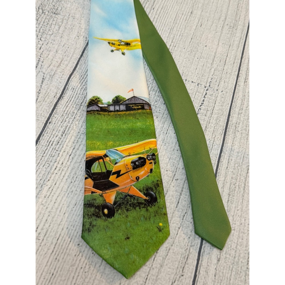 Ralph Marlin J-3 Piper Cub Aviation Airplane Novelty Tie Green Yellow USA Made